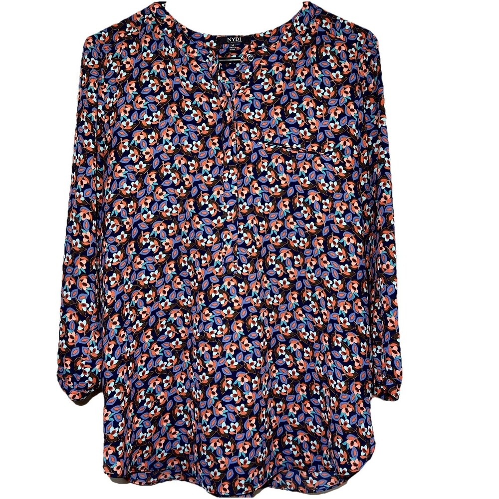 NYDJ Floral Blouse Womens Medium Blue Coral Boho Split Neck 3/4 Sleeve Career